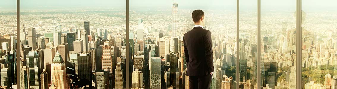Man looking at the view from top of skyscrapper